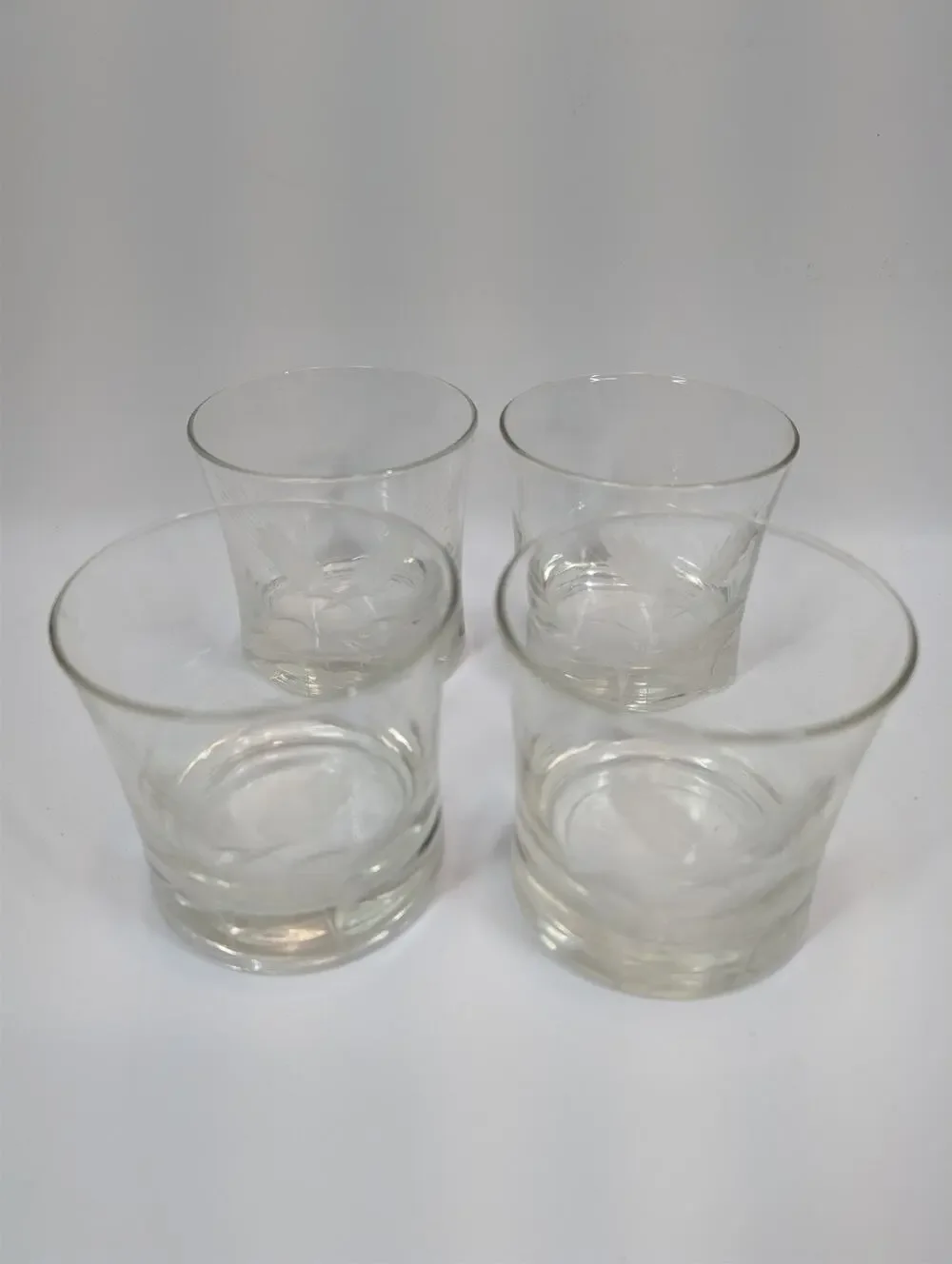 Vintage Etched Glass Lowball Whiskey Tumblers Wheat Pattern Set of 4